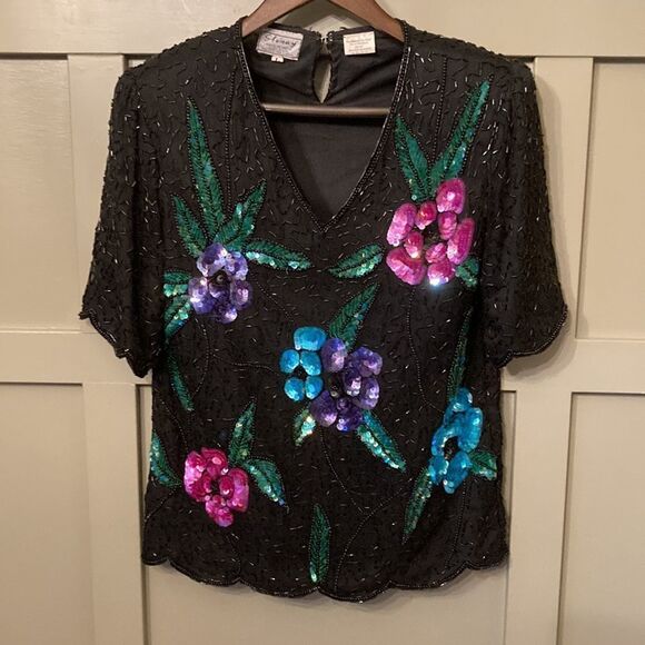 stenay Vintage 80s 100% Silk Beaded Sequined Flower Top Blouse Size Large - Picture 1 of 7